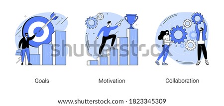 Business growth abstract concept vector illustration set. Goals, motivation and collaboration, achievement and coaching, enterprise cooperation, business meeting, smart planning abstract metaphor.