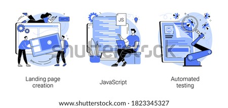 Web programming abstract concept vector illustration set. Landing page creation, JavaScript, automated testing, design template, website project, mobile application, UI optimization abstract metaphor.