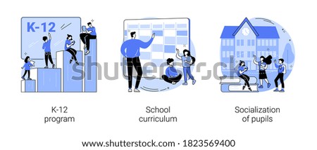 Education program abstract concept vector illustration set. K-12 program, school curriculum, pupils socialization, public school, learning calendar, academic course, play together abstract metaphor.