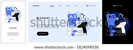 Glossary website UI kit. Website element, company web page, menu bar, reference source, terms and explanations, glossary, professional dictionary, UI landing and mobile app vector UI template.