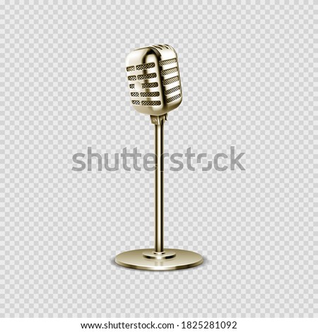 Realistic microphone. Vintage voice device for studio or radio, karaoke or broadcast. Gold steel isolated mic on stand vector illustration