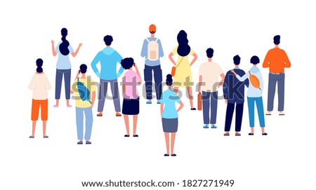 Crowd back view. Cartoon persons, people group standing backs. Flat public young man woman meeting, office business audience vector concept