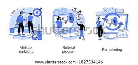 Internet promotion strategy abstract concept vector illustration set. Affiliate marketing, referral program, remarketing, online sales management, targeted advertising, loyalty abstract metaphor.