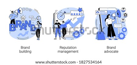 Trademark public relations abstract concept vector illustration set. Brand building, reputation management, brand advocate, marketing strategy, social media, corporate ID, awareness abstract metaphor.