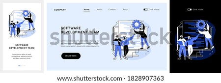 Software development team website UI kit. Remote teamwork, digital team on demand, professional, certified software developer, hire outsource company landing and mobile app vector UI template.