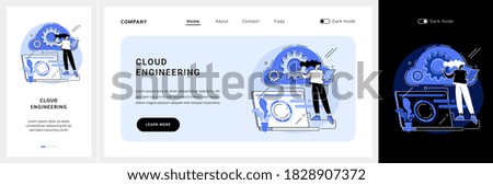 Cloud engineering website UI kit. Cloud-based computing, hosted data storage, certified professional engineer, cloud-native software development landing and mobile app vector UI template.