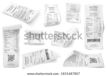 Retail bills. Supermarket print bill, isolated restaurant check atm financial check. Realistic market pay paper or invoice vector template