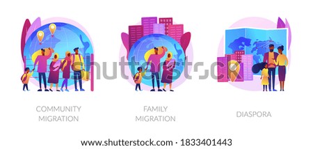 Refugees, forced displacement metaphors. Community and family migration, diaspora, asylum seekers. Country borders illegal crossing abstract concept vector illustration set.