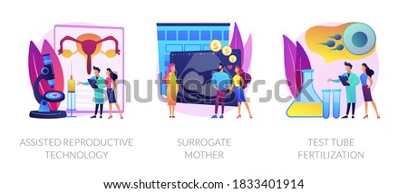 Fertility treatment and artificial insemination metaphors. Assisted reproductive technology, surrogate mother, test tube fertilization abstract concept vector illustration set.