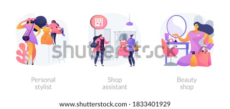 Fashion and beauty abstract concept vector illustration set. Personal stylist, shop assistant, beauty shop, beauty blogger, shopping mall retail store, dressing room, shopaholic abstract metaphor.