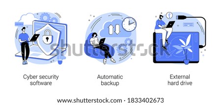 Data protection and recovery abstract concept vector illustration set. Cyber security software, automatic backup, external hard drive, mobile phone synchronization, storage hdd abstract metaphor.