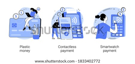 Digital transactions abstract concept vector illustration set. Plastic money, contactless smartwatch payment, credit and debit card, smartphone banking application, smart technology abstract metaphor.