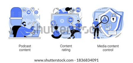 Engaging marketing abstract concept vector illustration set. Podcast content rating, media content control, promotion strategy, monetization, games and apps, user guidelines abstract metaphor.