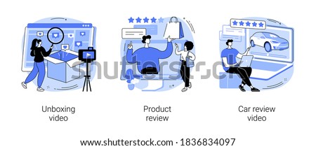 Video content abstract concept vector illustration set. Unboxing video, product and car review, blog monetization, online test-drive, features overview, rating service, advertising abstract metaphor.