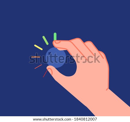 Hand turns button. Low high levels, volume equalizer or change reduction knob. Businessman setting investment utter process vector metaphor