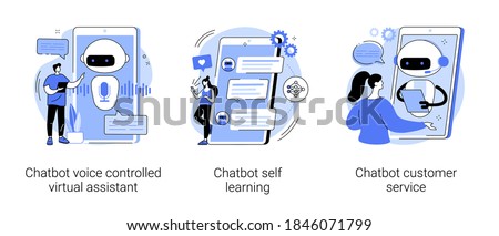 Smartphone voice application abstract concept vector illustration set. Chatbot voice controlled virtual assistant, machine self learning and customer service, AI in ecommerce abstract metaphor.