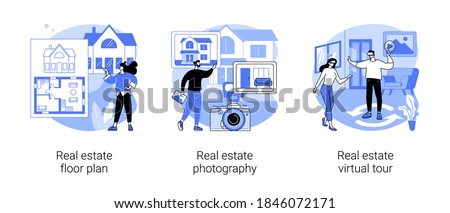 House listing abstract concept vector illustration set. Real estate floor plan, house photography and virtual tour, virtual staging, realty agency advertisement, video walk-through abstract metaphor.