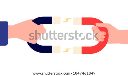 Hands holding magnet. Business attractive, man and woman attraction metaphor. Retention clients, tension between people vector illustration