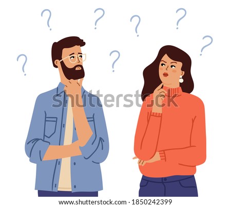 Couple thinking. Confused people, doubt girl man with question marks. Cartoon questionable person, thoughtful face swanky vector characters