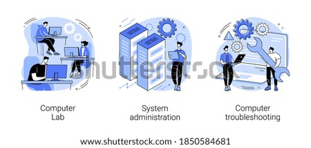 Computers and software abstract concept vector illustration set. Computer lab, system administration, troubleshooting, information technology, network upkeeping, operating system abstract metaphor.