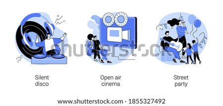 City enternainment abstract concept vector illustration set. Silent disco, open air cinema, street party, club event, DJ set streaming, movie theater, buy ticket online, outdoor fun abstract metaphor.