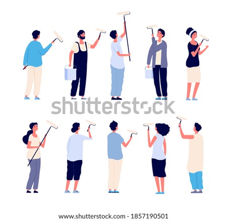 Painters. Men and women painter holding paint rollers and painting home wall. cartoon isolated characters