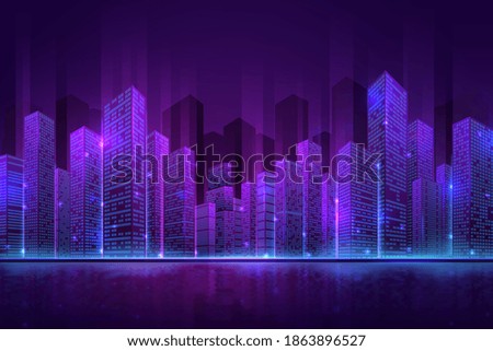 Futuristic city building. High neon cityscape, abstract night downtown panorama. Digital smart town, 3d modern property recent vector concept