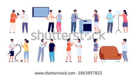 Seller characters. Woman shop, retail sellers with customers. Friendly retail market, promoters advertise goods to shoppers utter vector set