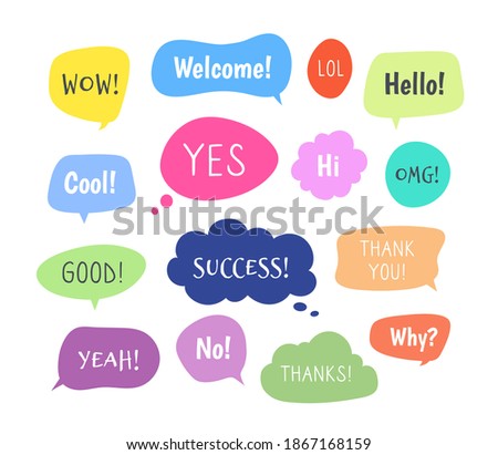 Chat words bubbles. Colorful thinking balloon conversion bubbling chatting comments information cloud comic voice shapes set