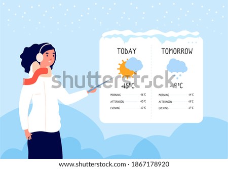 Winter weather forecast. Woman forecasting sunny and snowy day in tv news concept