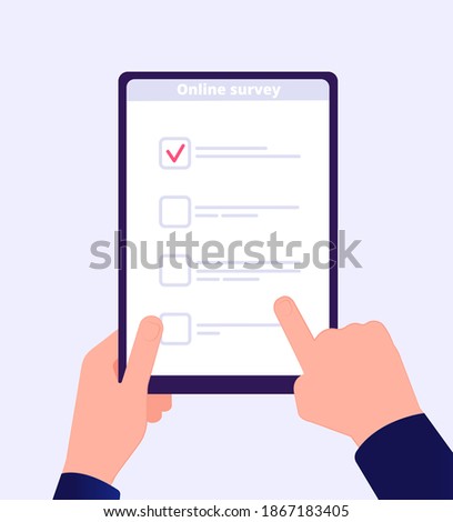 Online survey. Internet surveying list hand holding tablet web test form. Mobile questionnaire customers voting application