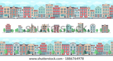 European city street. Cute suburban buildings, flat country houses. Town walking area, downtown seamless pattern and real estate vector elements
