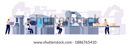 Production line. Manufacturing conveyor belt, industry machines and factory workers. Cartoon product assembly process utter vector concept
