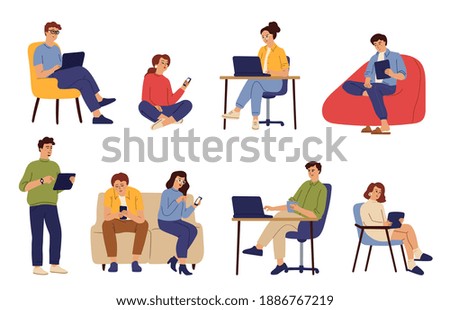 People surfing internet. Woman man using smartphone, cartoon person work from home. Digital addiction, communication swanky vector characters