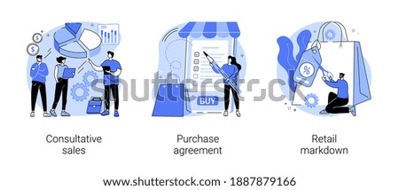 Marketing and promotion abstract concept vector illustration set. Consultative sales, purchase agreement, retail markdown, terms and conditions, product price, b2b selling, discount abstract metaphor.