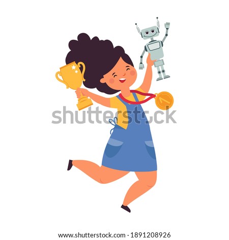 Girl and robot. Robotics competition winner, award for programming child. Happy engineering student wins gold cup decent vector illustration