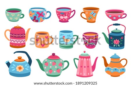 Cups and teapot. Scandinavian kitchen cup, trendy colored coffee mug kettles. Floral ornaments crockery, breakfast dishes exact vector set