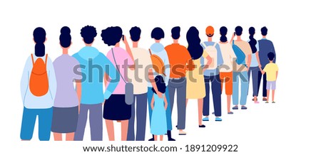 People standing in line. Isolated crowd, queue group back stand. Person wait shopping, airport registration or ticket utter vector concept
