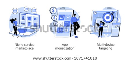 Online retail abstract concept vector illustration set. Niche service marketplace, app monetization, multi-device targeting, buy and sell products, startup launch, mobile user abstract metaphor.