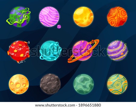 Cartoon fantasy planets. Space planet, slime or jelly satellites in universe. Game galaxy objects, funny cosmic elements recent vector set