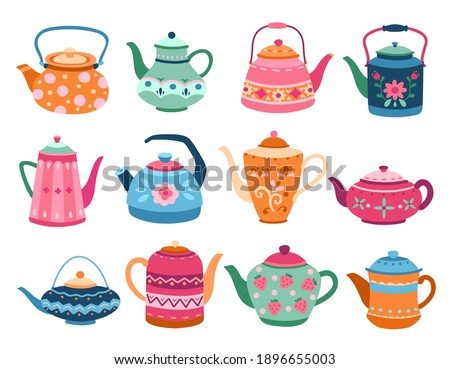 Cute teapots. Kitchen tools, cartoon teapot or kettle decorative ceramic. Householding elements, isolated modern coffee tea exact vector set