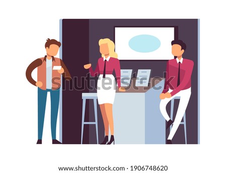 Advertising of goods at exhibition. Marketing, cartoon customers and sellers. Product demonstration stands or event trade booths vector concept