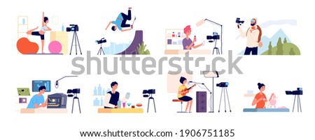 Blogger characters. Bloggers review, blog beauty fashion occupations. Video vloggers, girl digital channel and flat influencer people utter vector scenes