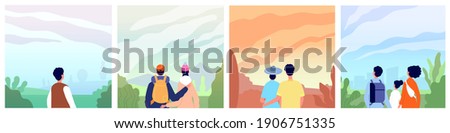 People looking landscape. Adventure in mountains, couple backpackers explore nature. Guys look sunrise on sky, travel utter discovery vector scenes