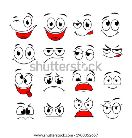 Cartoon expressions. Cute face elements eyes and mouths with happy, sad and angry, disbelief emotions. Caricature characters