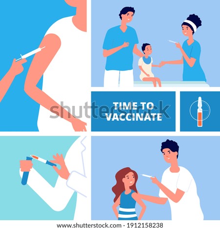 Vaccination. Time to vaccinate, innovation vaccine for adults and children. Healthcare, antivirus prevention, doctors and patients vector concept