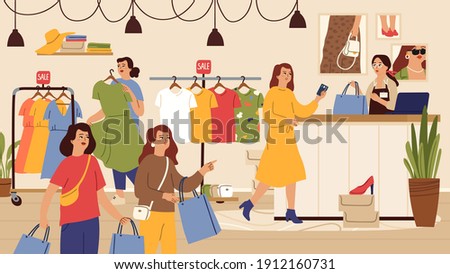 Fashion store. Female shop, outlet or sale in boutique. Women shopping, person buy dress t-shirt shoes vector illustration