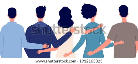 Teamwork help. Diverse people community, friends hugging hand together back view. Friendship or family support, business group vector concept