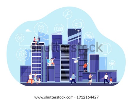 Smart city concept. Downtown internet communication, urban office buildings. People walking, new digital infrastructure utter vector concept