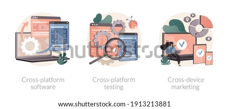 Multi platform framework abstract concept vector illustration set. Cross-platform software testing, cross-device tracking, application development, operating system, analytics abstract metaphor.